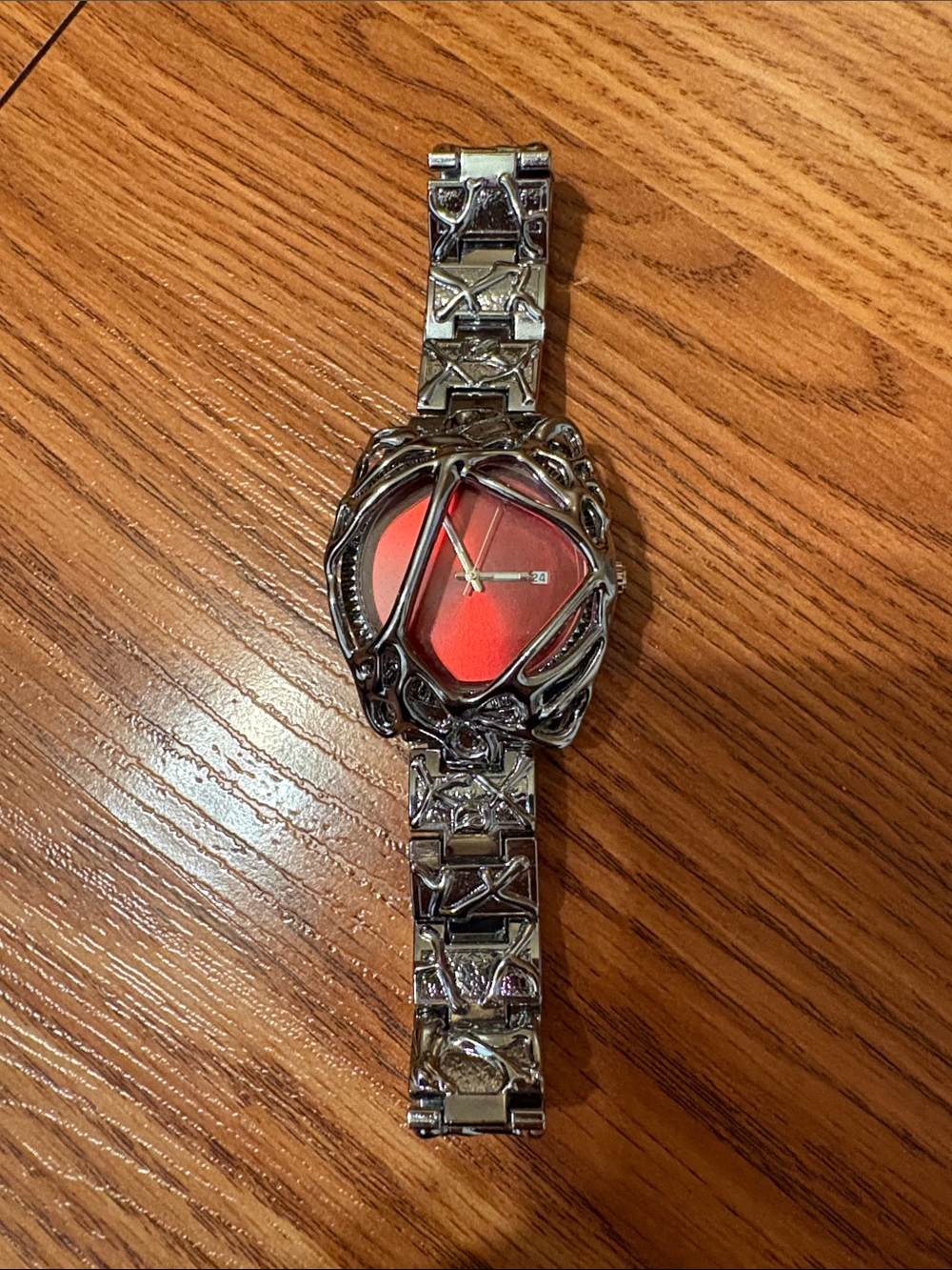 Red Dial Silver Metal Bracelet Watch - Alabaster Gothic Crimson Armour Skeletal